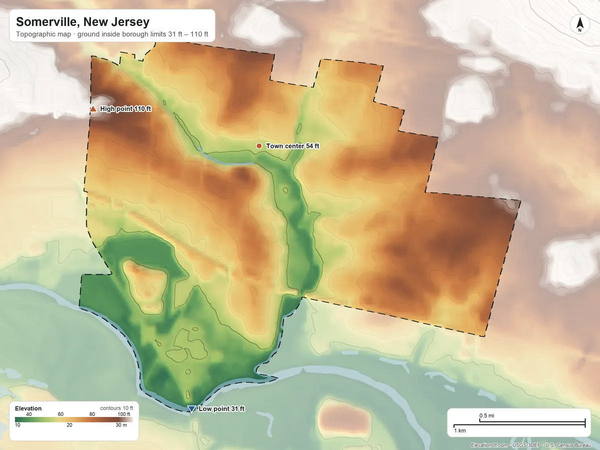 Topographic elevation map of Somerville, New Jersey, shaded from 31 ft on the south side to 110 ft on the west side
