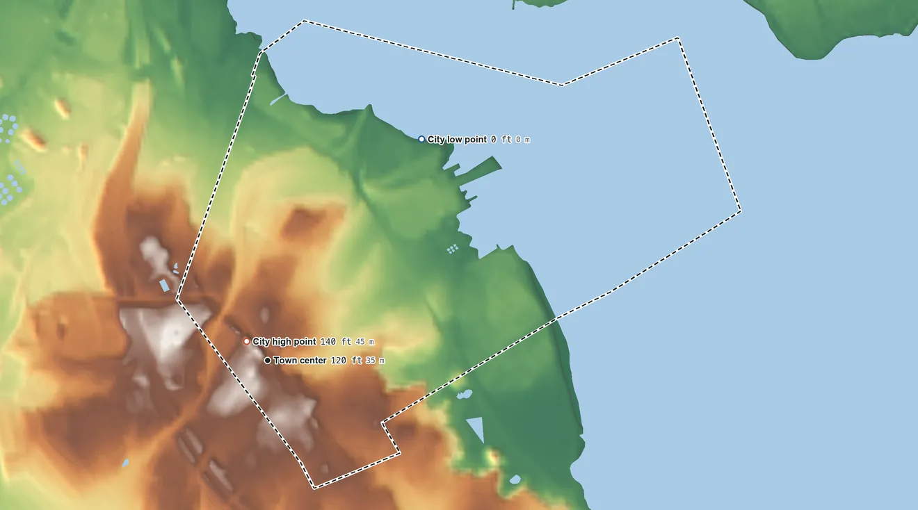 Topographic elevation map of South Amboy, New Jersey, shaded from sea level level on Raritan Bay to 140 ft near the middle