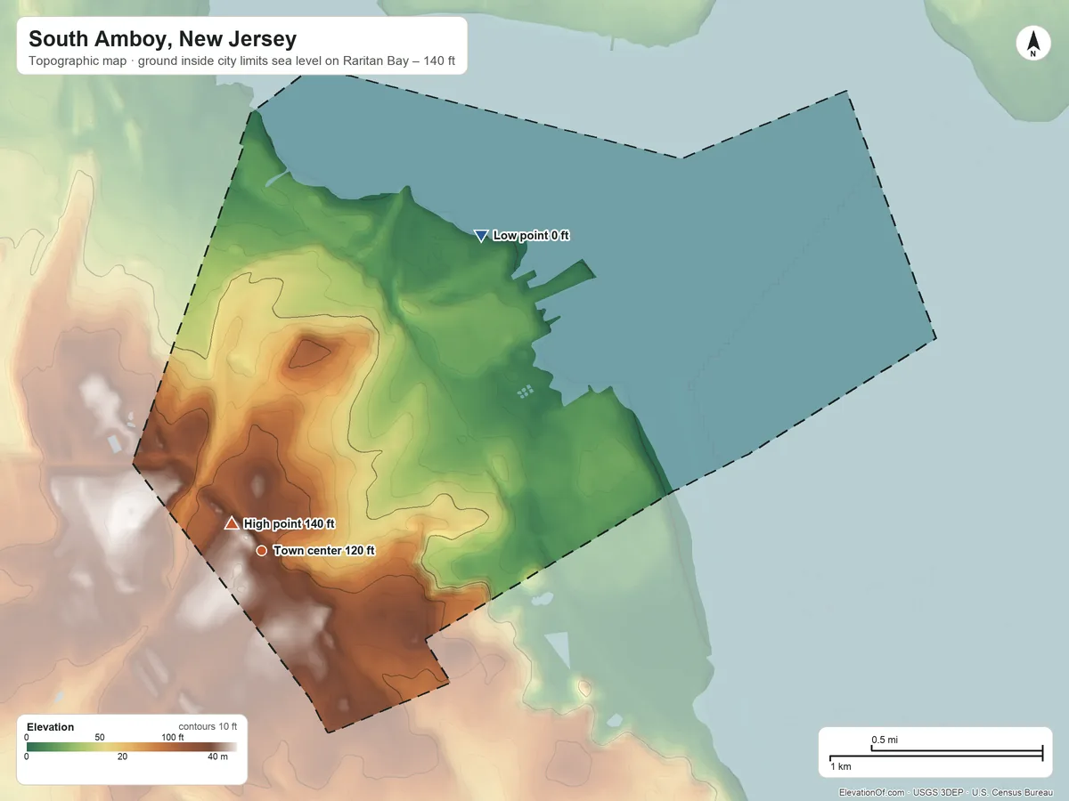 Topographic elevation map of South Amboy, New Jersey, shaded from sea level level on Raritan Bay to 140 ft near the middle