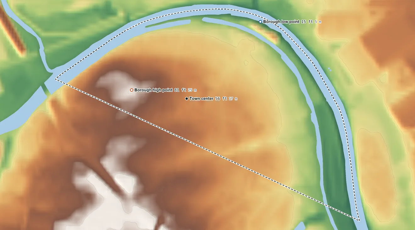 Topographic elevation map of South Bound Brook, New Jersey, shaded from 15 ft on the northeast side to 81 ft on the west side