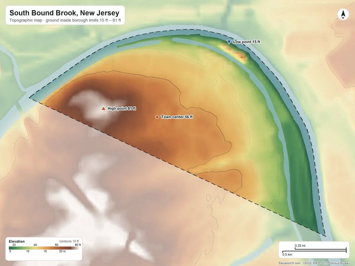 Topographic elevation map of South Bound Brook, New Jersey, shaded from 15 ft on the northeast side to 81 ft on the west side