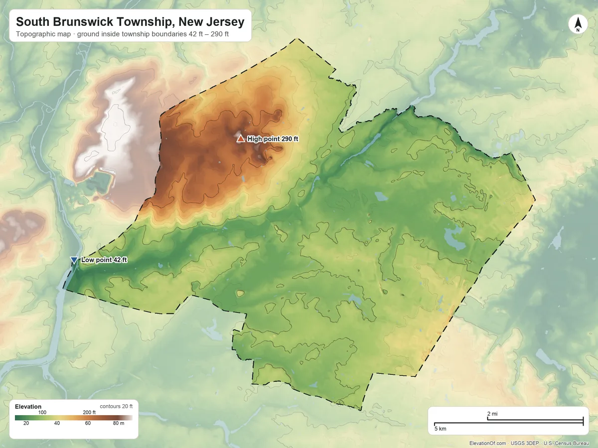 Topographic elevation map of South Brunswick Township, New Jersey, shaded from 42 ft on the west side to 290 ft near the middle