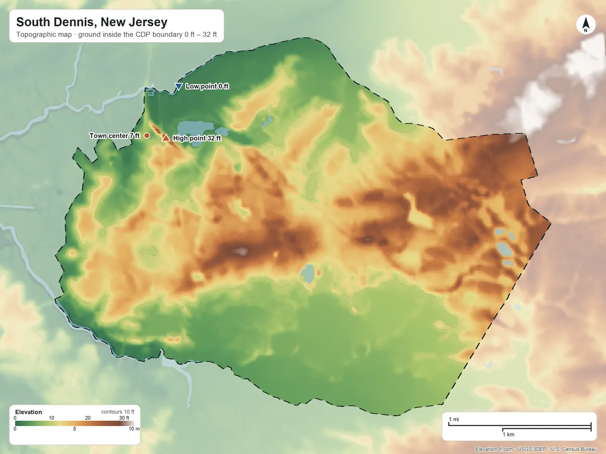 Topographic elevation map of South Dennis, New Jersey, shaded from 0 ft near the middle to 32 ft near the middle