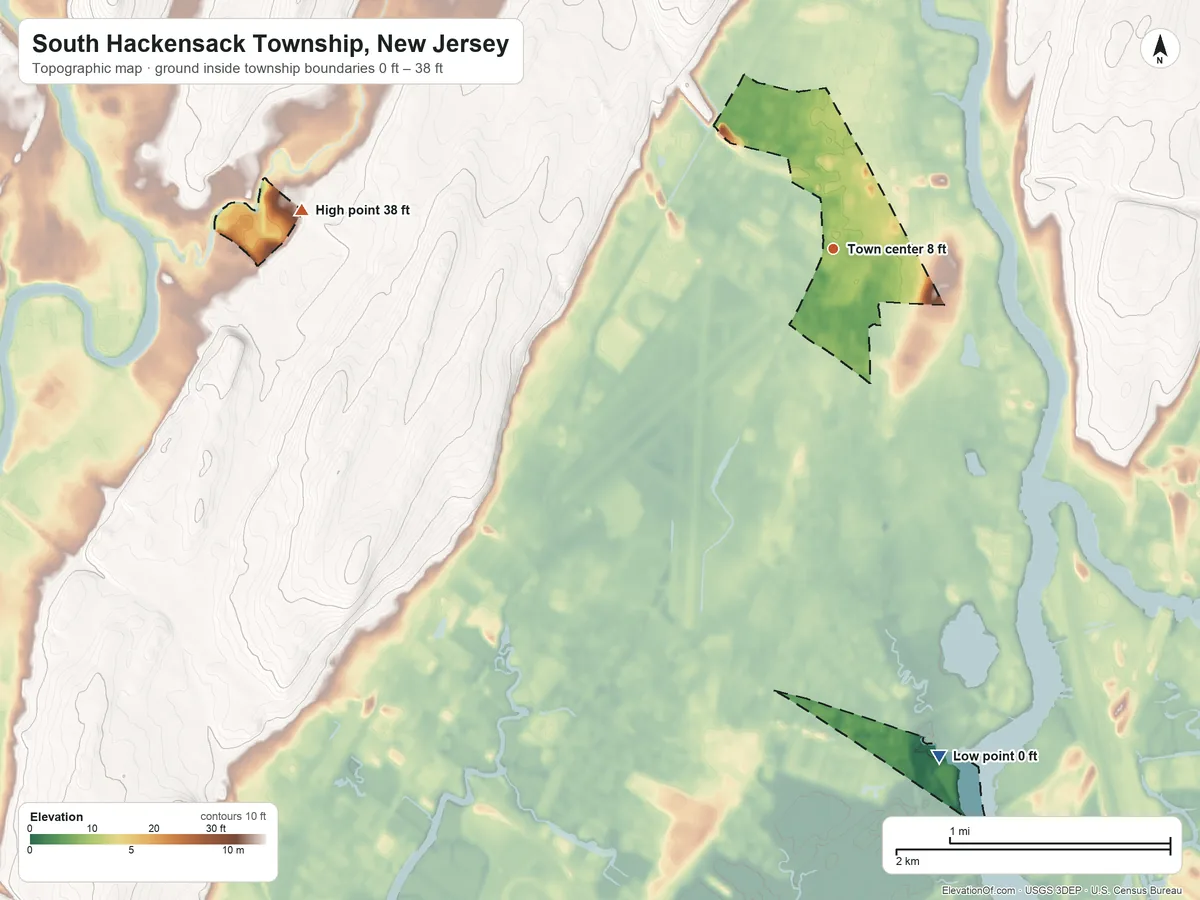 Topographic elevation map of South Hackensack Township, New Jersey, shaded from 0 ft on the south side to 38 ft on the west side
