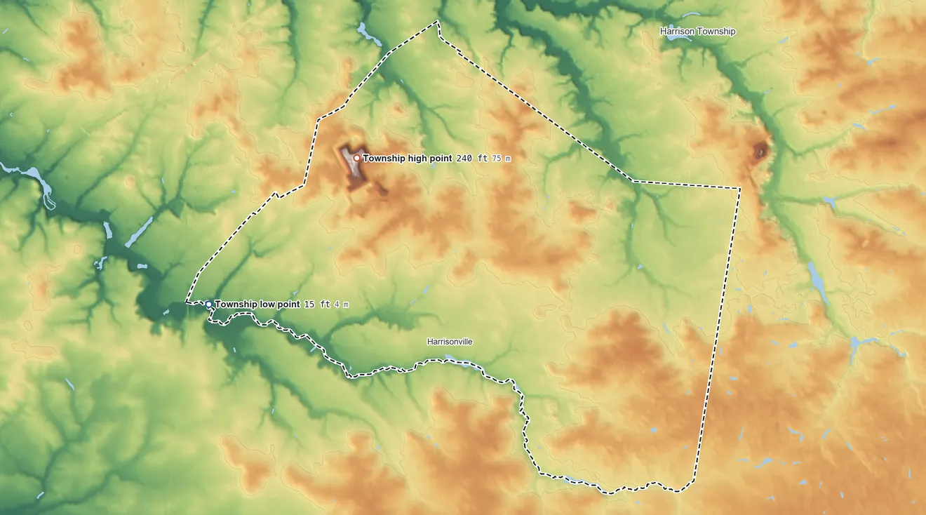 Topographic elevation map of South Harrison Township, New Jersey, shaded from 15 ft on the west side to 240 ft on the northwest side