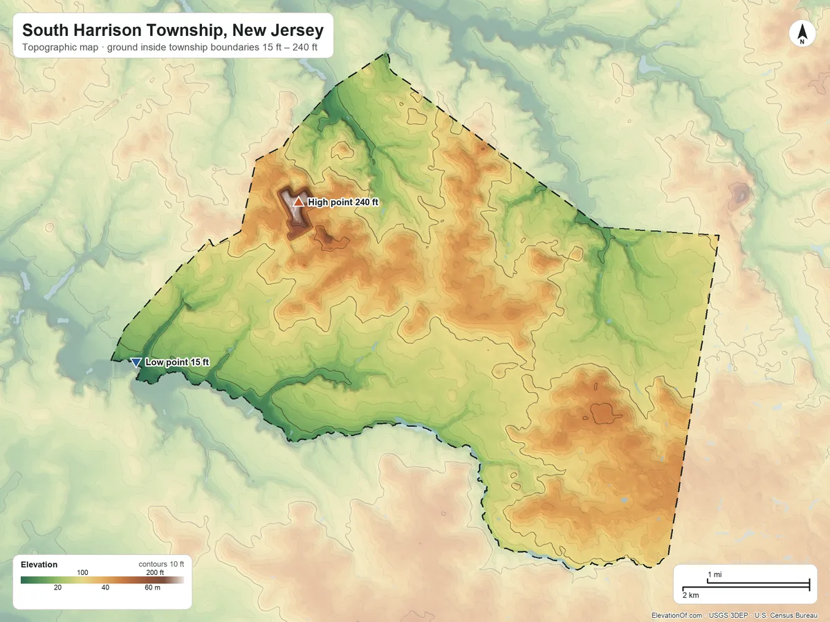 Topographic elevation map of South Harrison Township, New Jersey, shaded from 15 ft on the west side to 240 ft on the northwest side