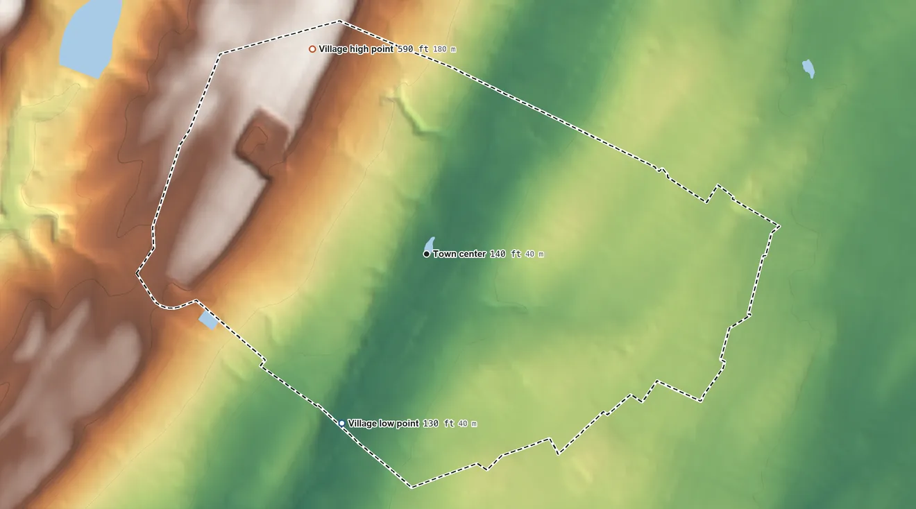 Topographic elevation map of South Orange, New Jersey, shaded from 130 ft on the southwest side to 590 ft on the northwest side