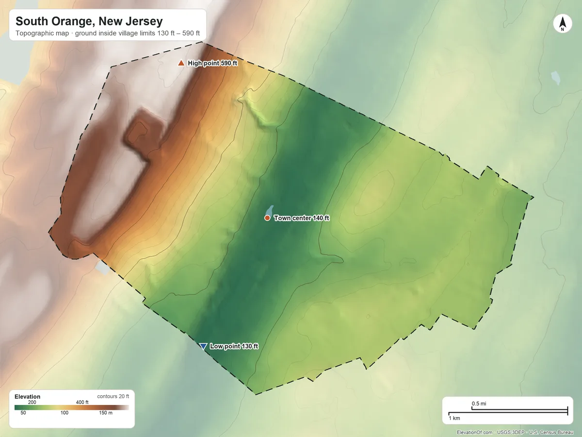 Topographic elevation map of South Orange, New Jersey, shaded from 130 ft on the southwest side to 590 ft on the northwest side