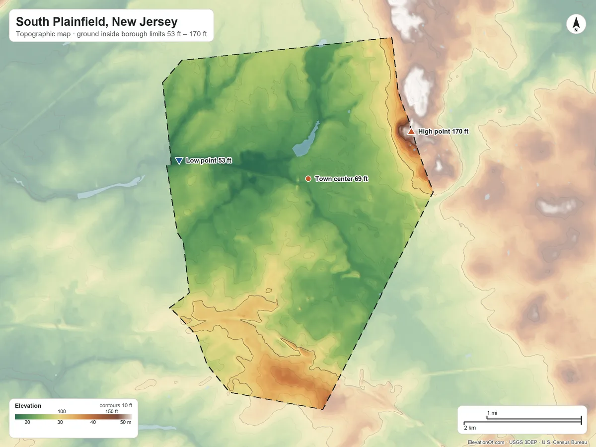 Topographic elevation map of South Plainfield, New Jersey, shaded from 53 ft on the west side to 170 ft on the northeast side