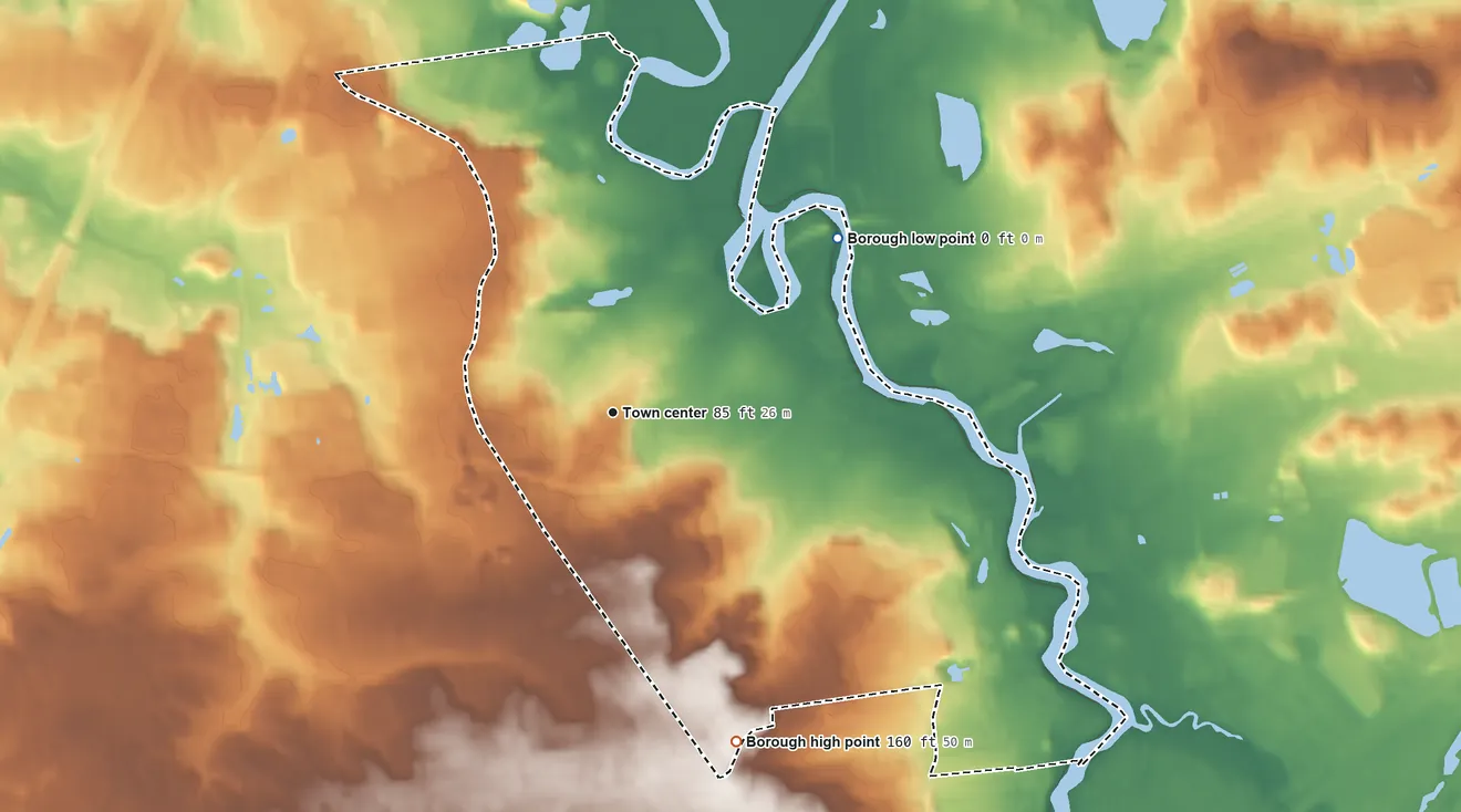 Topographic elevation map of South River, New Jersey, shaded from 0 ft on the northeast side to 160 ft on the south side