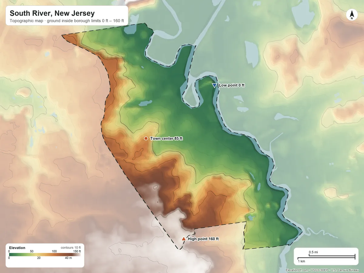Topographic elevation map of South River, New Jersey, shaded from 0 ft on the northeast side to 160 ft on the south side