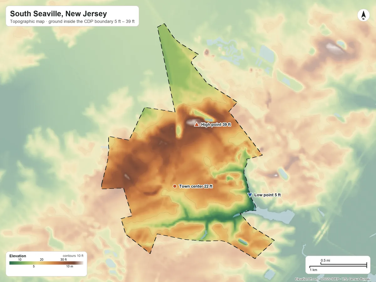 Topographic elevation map of South Seaville, New Jersey, shaded from 5 ft on the east side to 39 ft on the north side