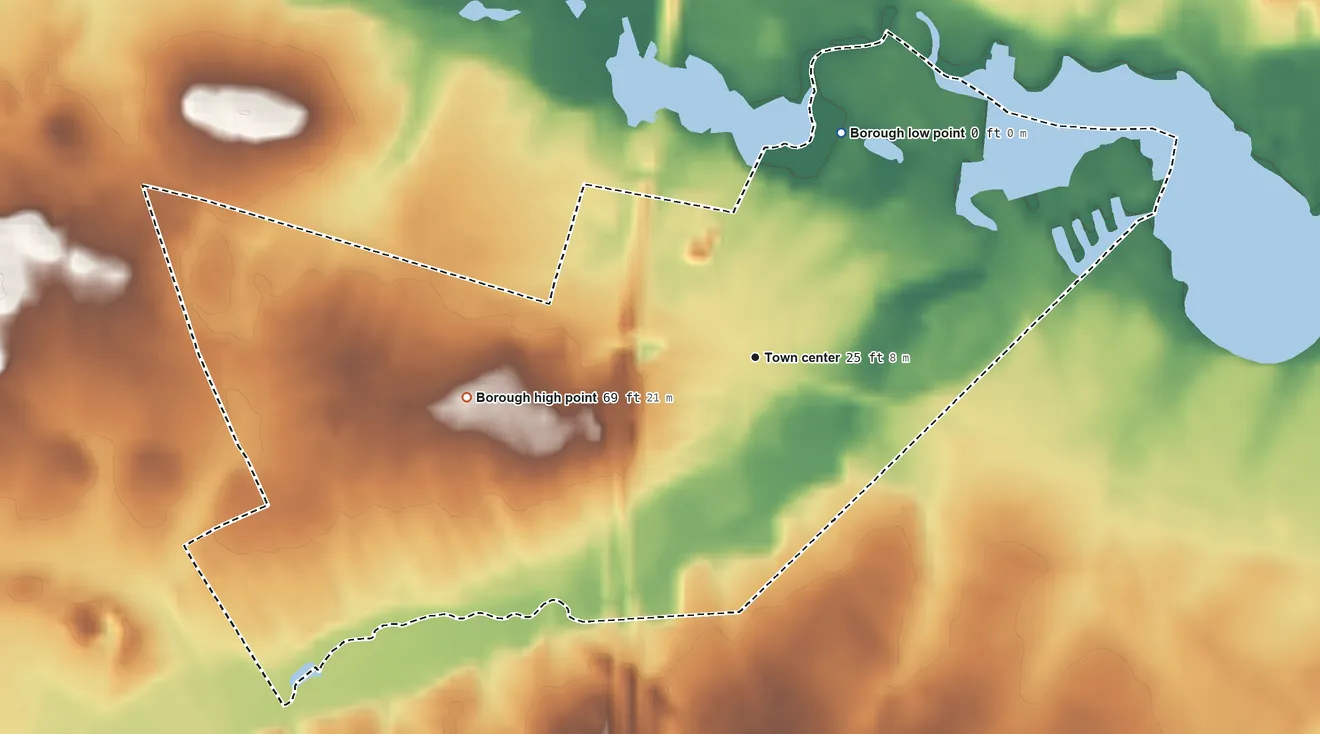 Topographic elevation map of South Toms River, New Jersey, shaded from sea level level on the Toms River to 69 ft on the west side