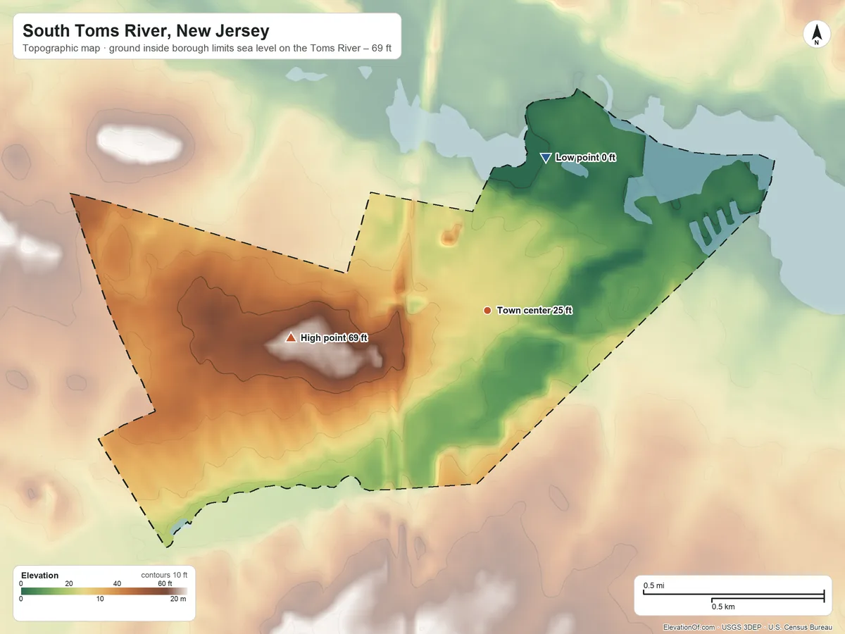 Topographic elevation map of South Toms River, New Jersey, shaded from sea level level on the Toms River to 69 ft on the west side
