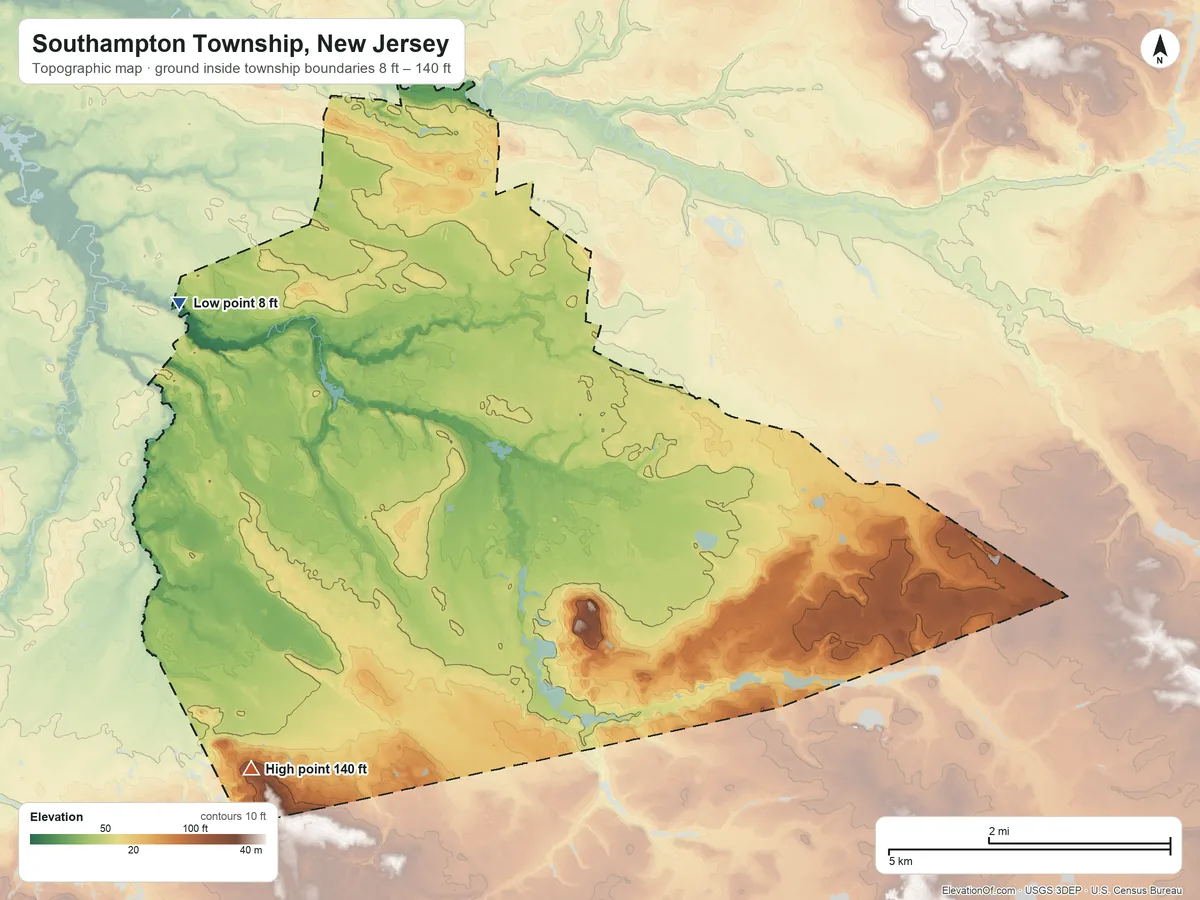 Topographic elevation map of Southampton Township, New Jersey, shaded from 8 ft on the northwest side to 140 ft on the southwest side