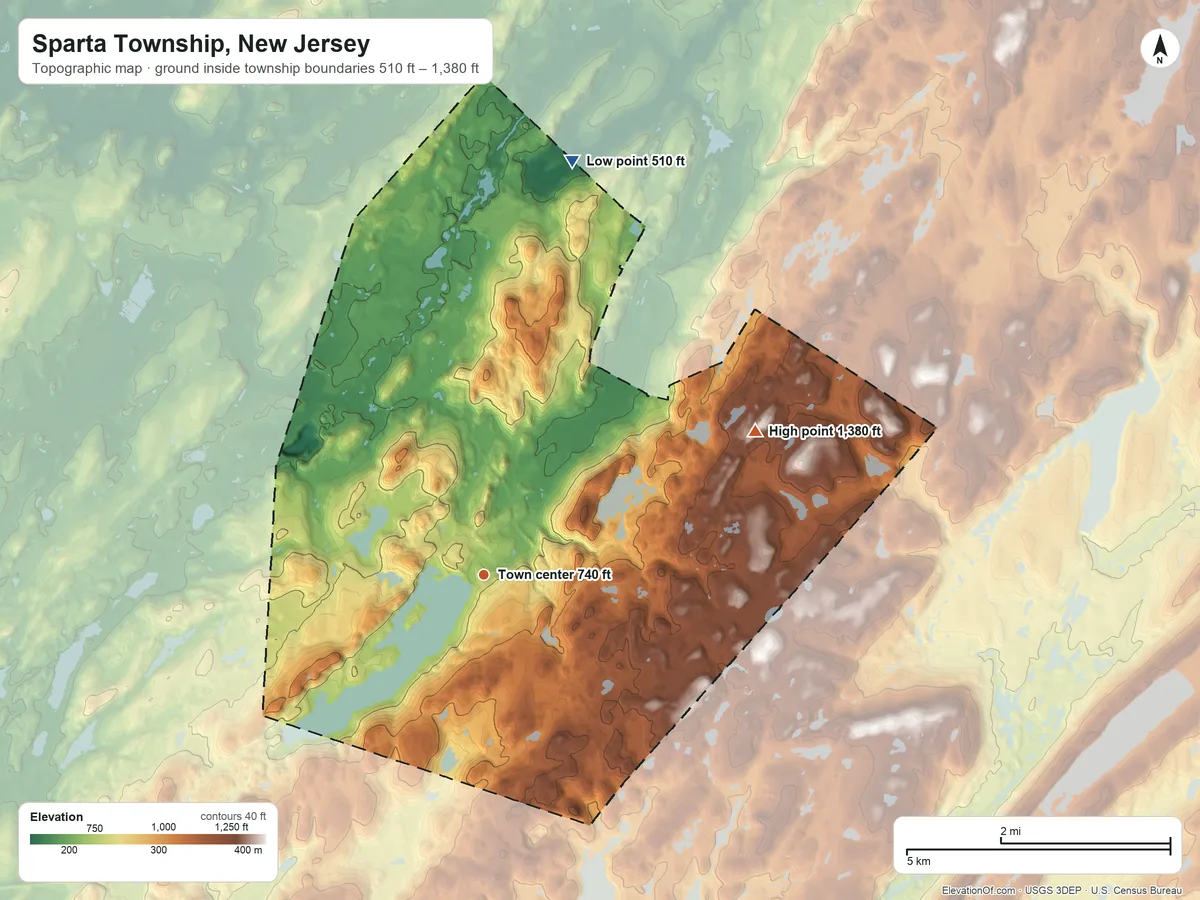 Topographic elevation map of Sparta Township, New Jersey, shaded from 510 ft on the north side to 1,380 ft on the northeast side