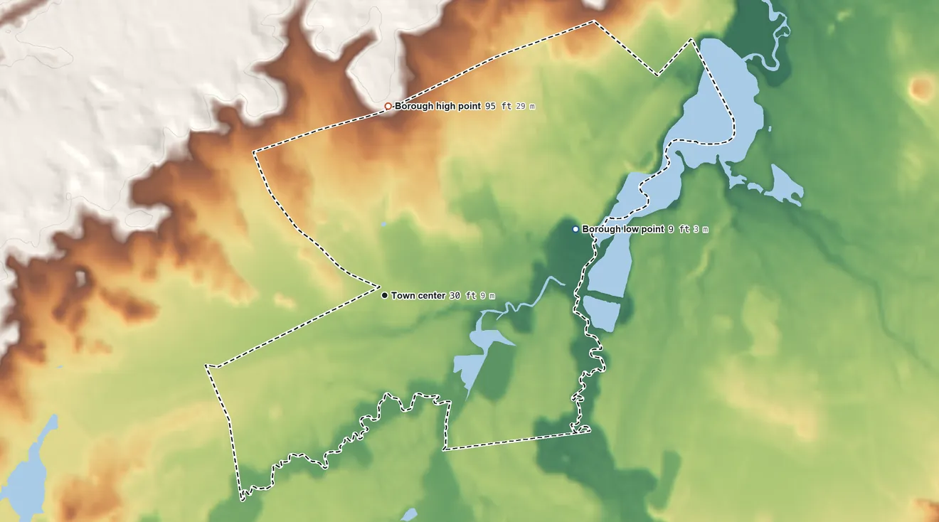 Topographic elevation map of Spotswood, New Jersey, shaded from 9 ft on the east side to 95 ft on the north side