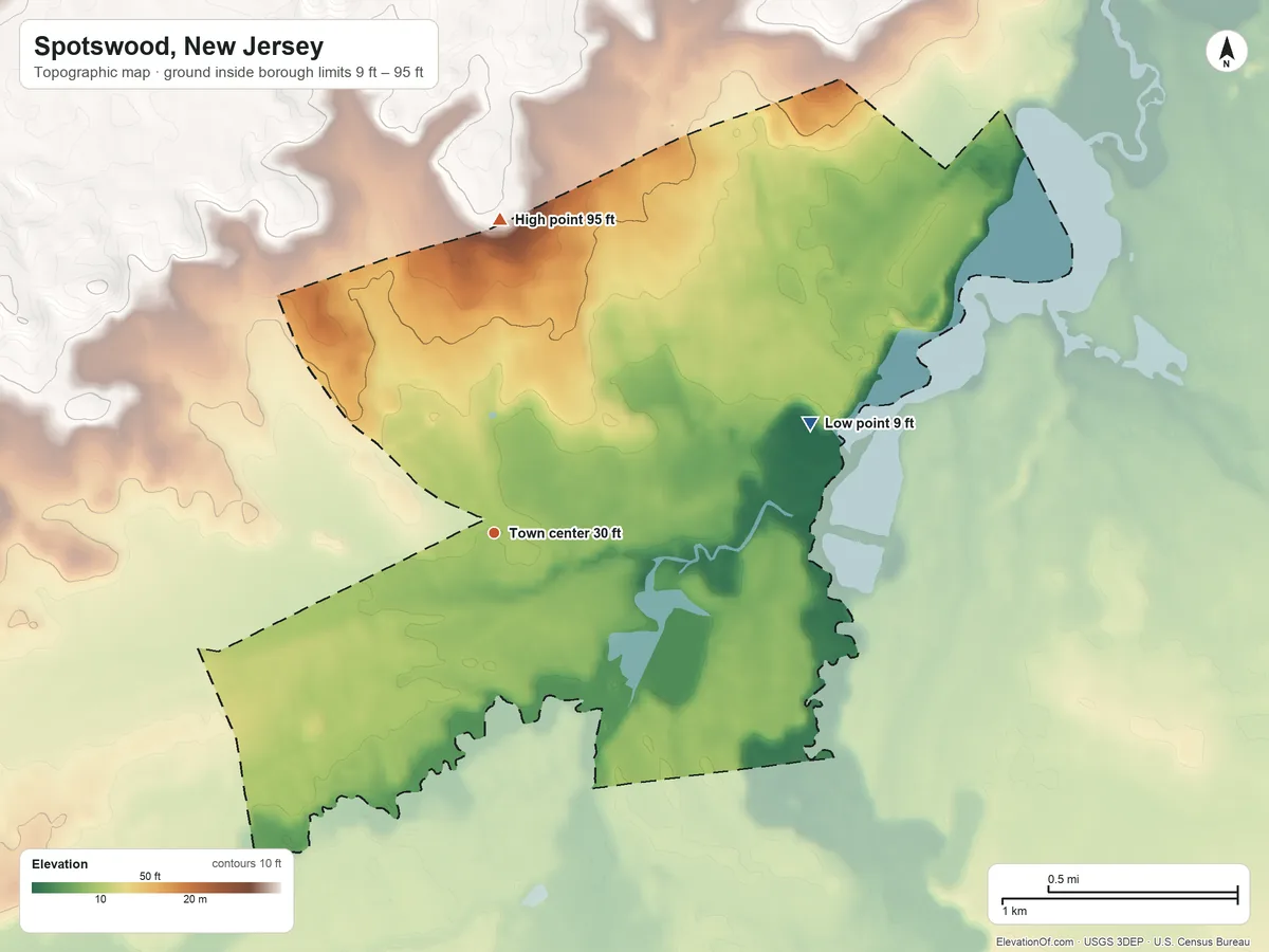 Topographic elevation map of Spotswood, New Jersey, shaded from 9 ft on the east side to 95 ft on the north side