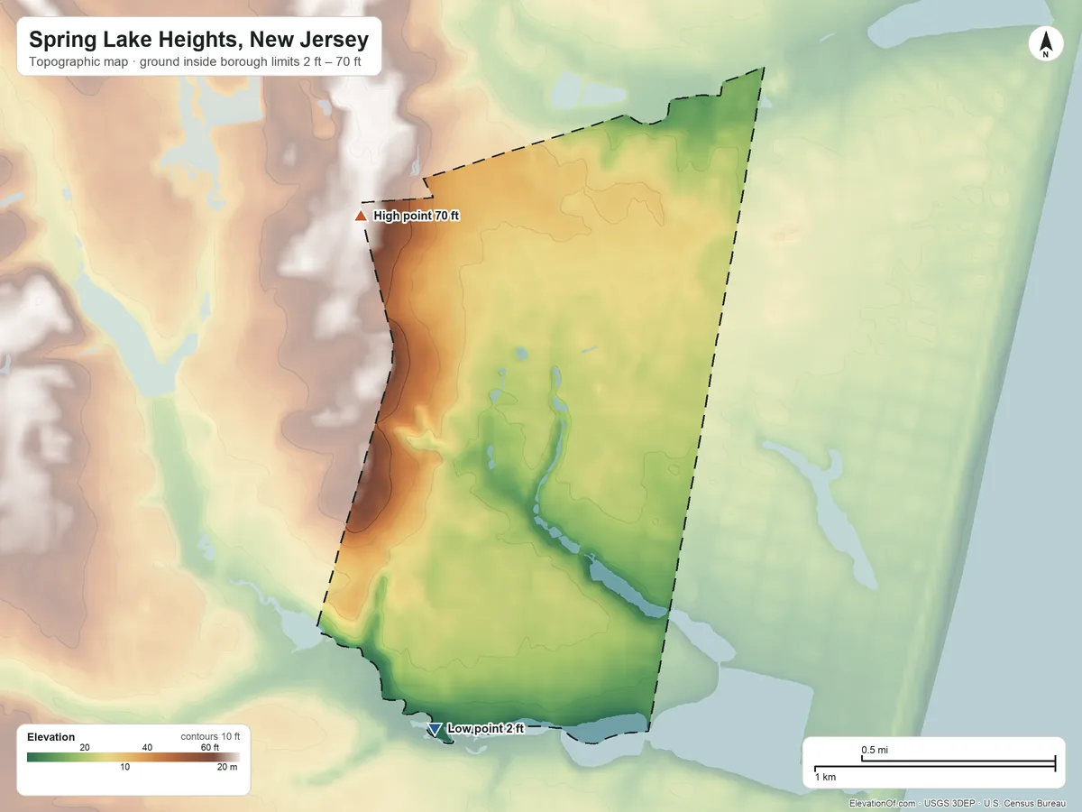 Topographic elevation map of Spring Lake Heights, New Jersey, shaded from 2 ft on the south side to 70 ft on the northwest side