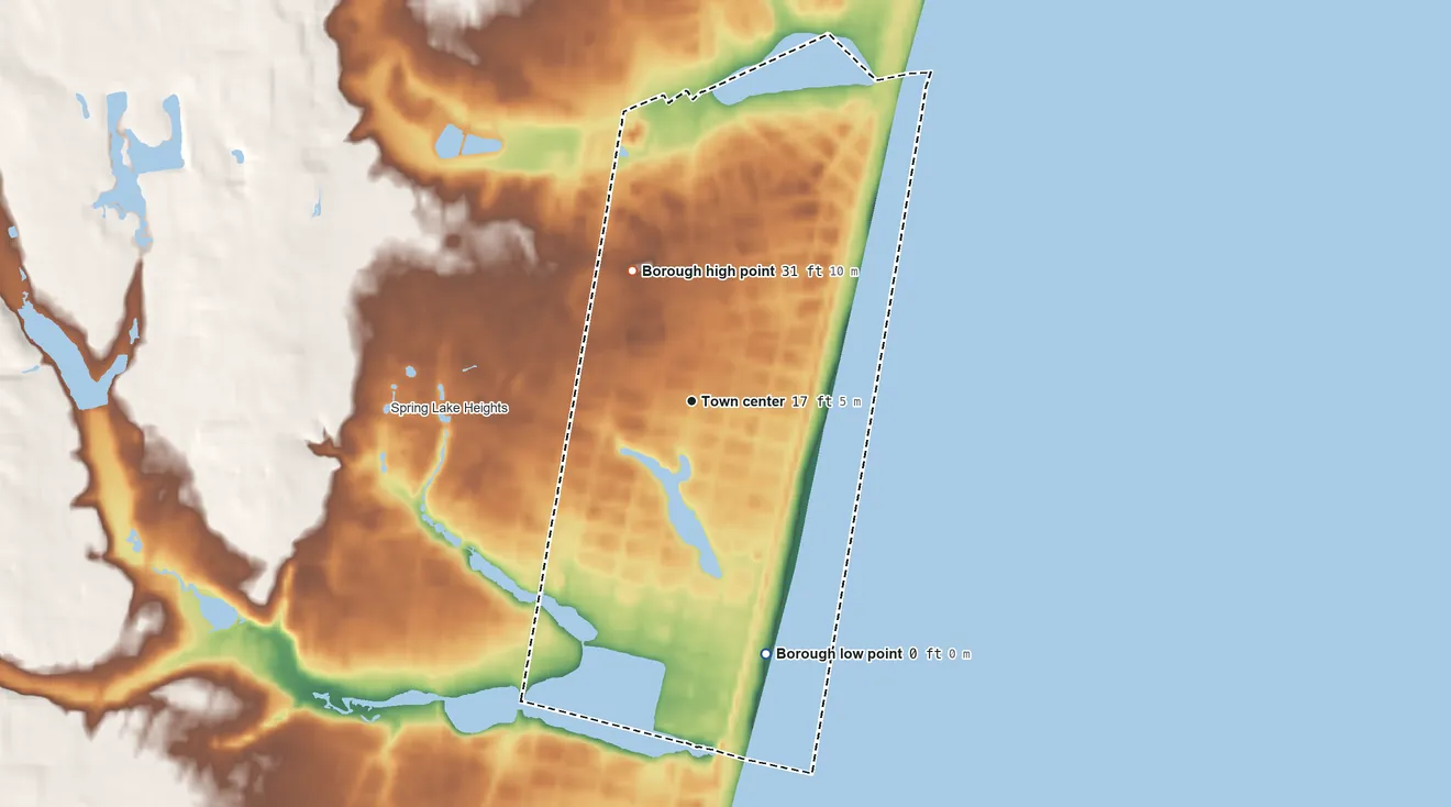 Topographic elevation map of Spring Lake, New Jersey, shaded from sea level level on the Atlantic Ocean to 31 ft on the northwest side