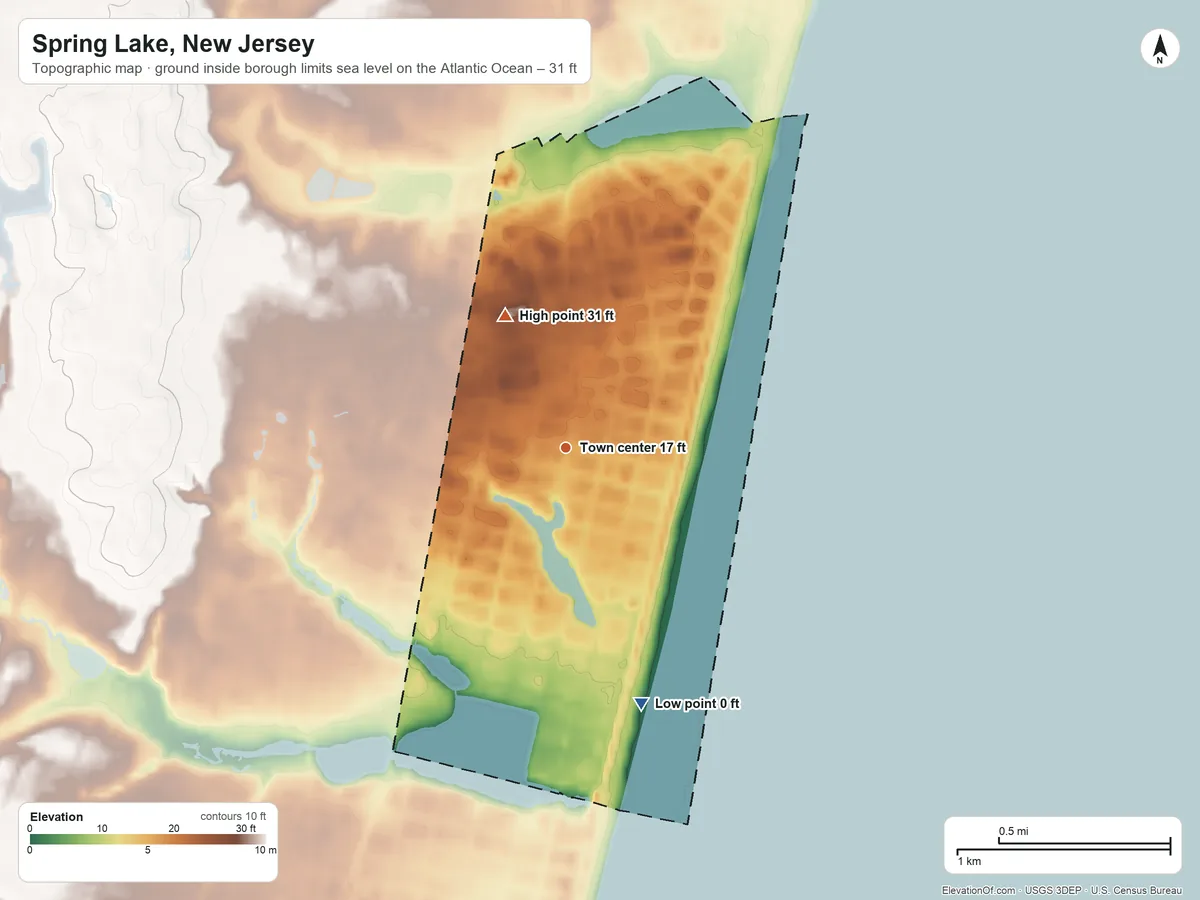 Topographic elevation map of Spring Lake, New Jersey, shaded from sea level level on the Atlantic Ocean to 31 ft on the northwest side
