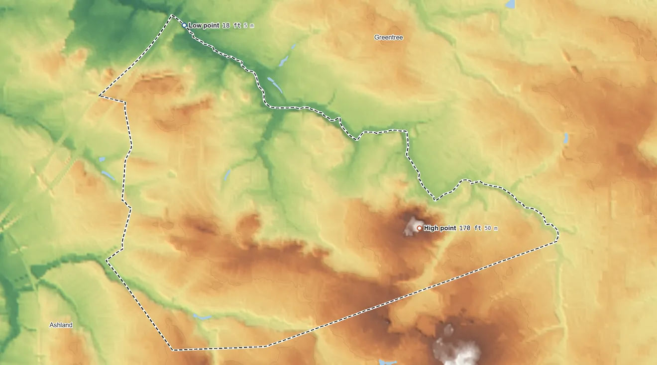 Topographic elevation map of Springdale, New Jersey, shaded from 18 ft on the northwest side to 170 ft on Hutton Hill