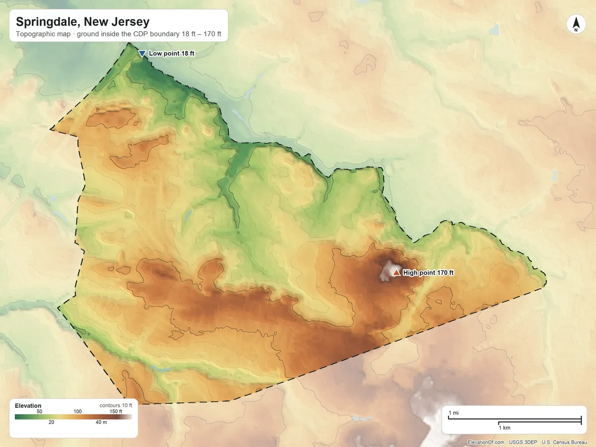 Topographic elevation map of Springdale, New Jersey, shaded from 18 ft on the northwest side to 170 ft on Hutton Hill