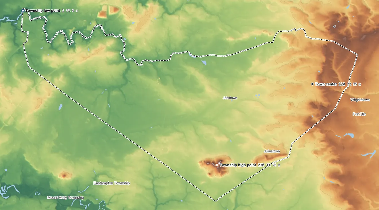 Topographic elevation map of Springfield Township, Burlington County, New Jersey, shaded from 1 ft on the west side to 230 ft on the southwest side