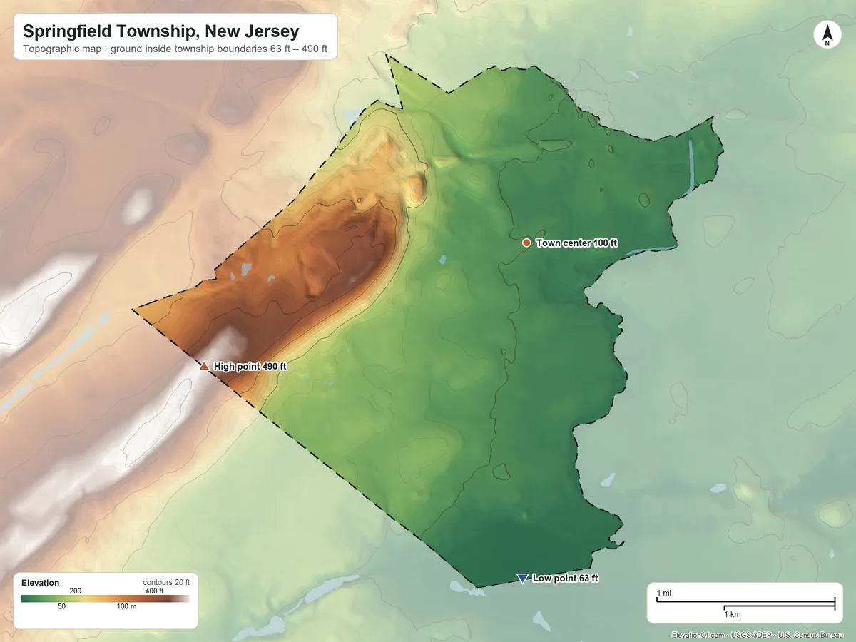 Topographic elevation map of Springfield Township, New Jersey, shaded from 63 ft on the south side to 490 ft on the west side