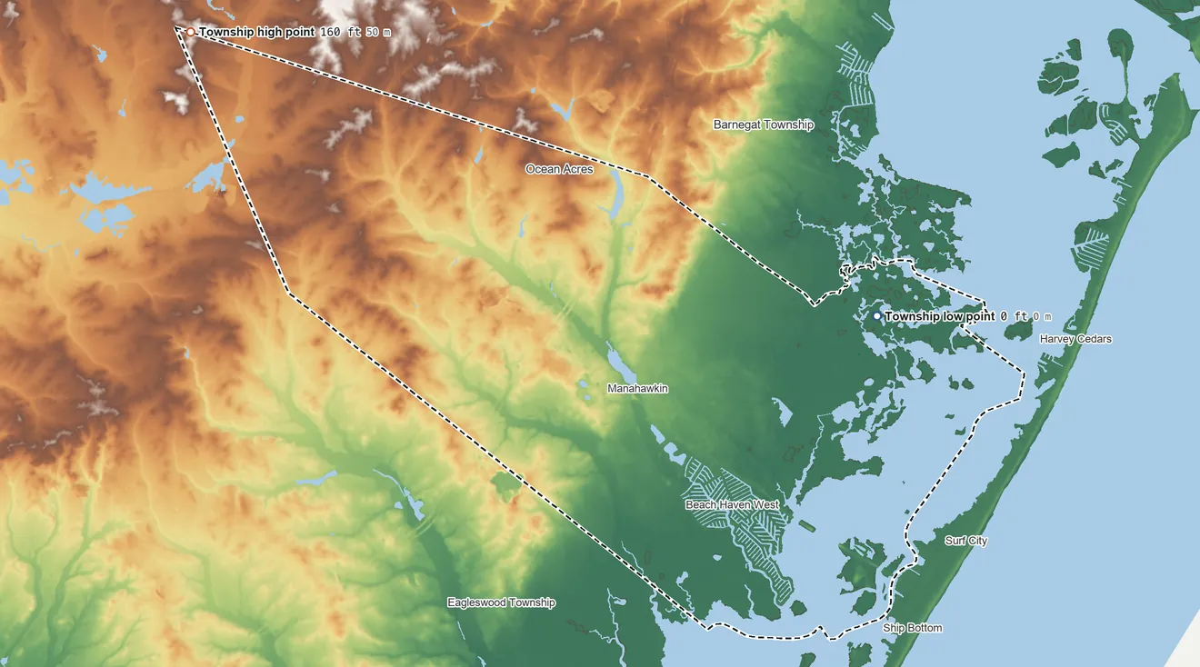 Topographic elevation map of Stafford Township, New Jersey, shaded from sea level level on Big Flat Creek to 160 ft on the northwest side