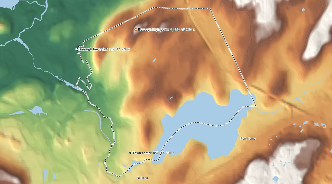 Topographic elevation map of Stanhope, New Jersey, shaded from 710 ft on the northwest side to 1,070 ft on the north side