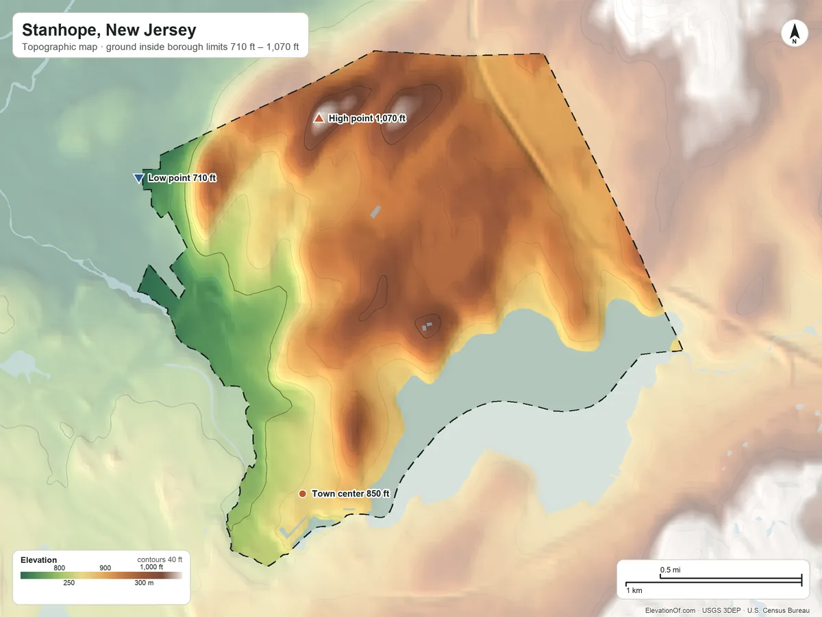 Topographic elevation map of Stanhope, New Jersey, shaded from 710 ft on the northwest side to 1,070 ft on the north side