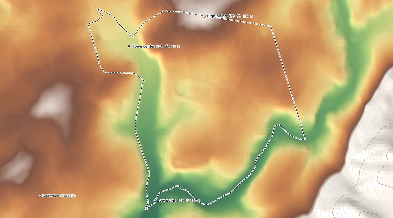 Topographic elevation map of Stewartsville, New Jersey, shaded from 250 ft on the south side to 430 ft on the east edge, below higher ground just outside