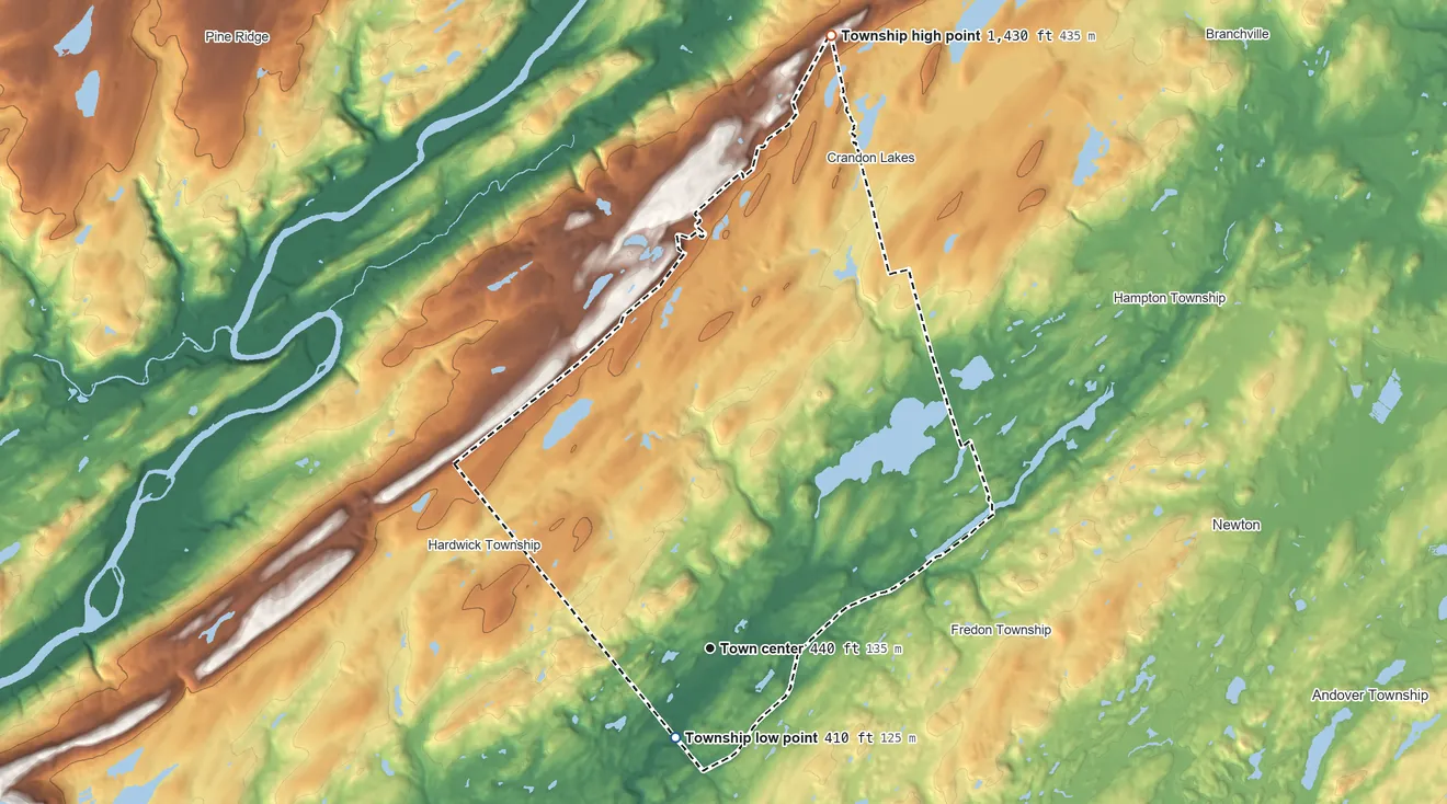 Topographic elevation map of Stillwater Township, New Jersey, shaded from 410 ft on the south side to 1,430 ft on the north side