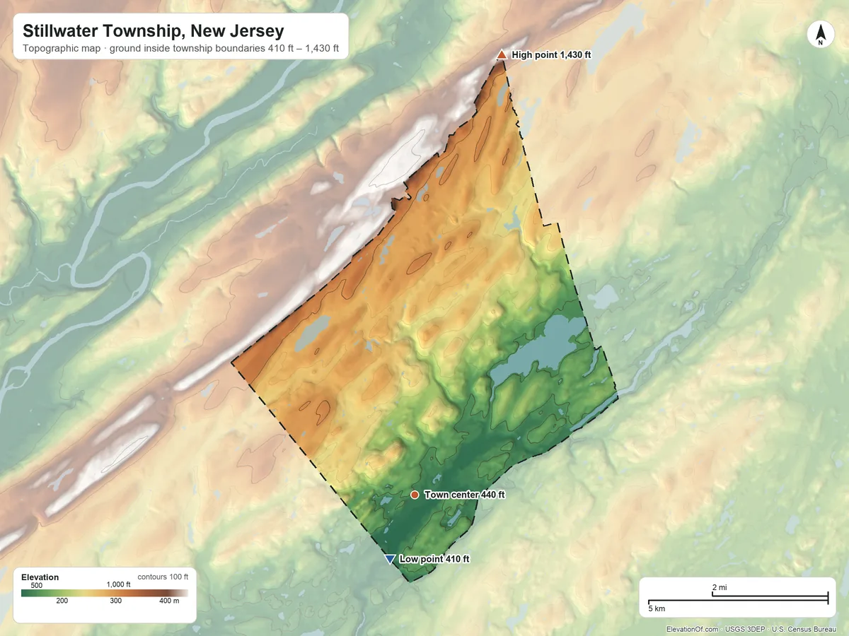 Topographic elevation map of Stillwater Township, New Jersey, shaded from 410 ft on the south side to 1,430 ft on the north side
