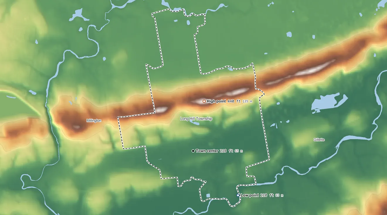 Topographic elevation map of Stirling, New Jersey, shaded from 210 ft on the southeast side to 440 ft on the north side