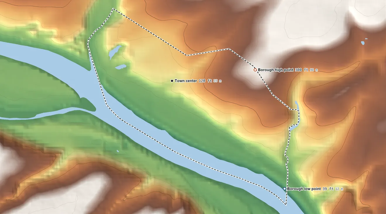 Topographic elevation map of Stockton, New Jersey, shaded from 39 ft on the southeast side to 300 ft on the east side
