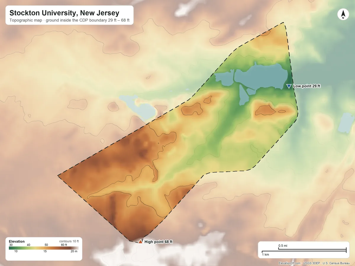 Topographic elevation map of Stockton University, New Jersey, shaded from 29 ft on the southeast side to 68 ft on the southwest side