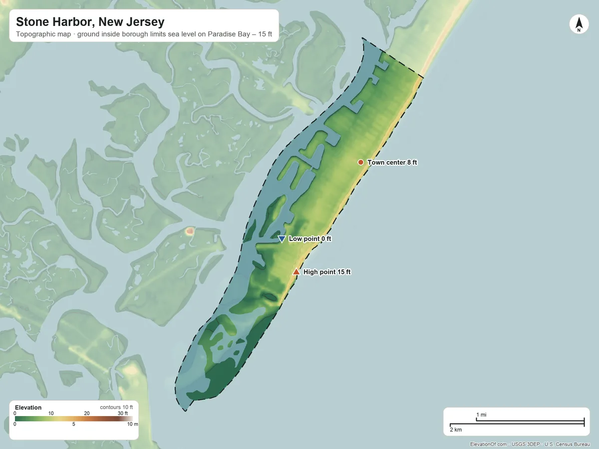 Topographic elevation map of Stone Harbor, New Jersey, shaded from sea level level on Paradise Bay to 15 ft on the southwest side