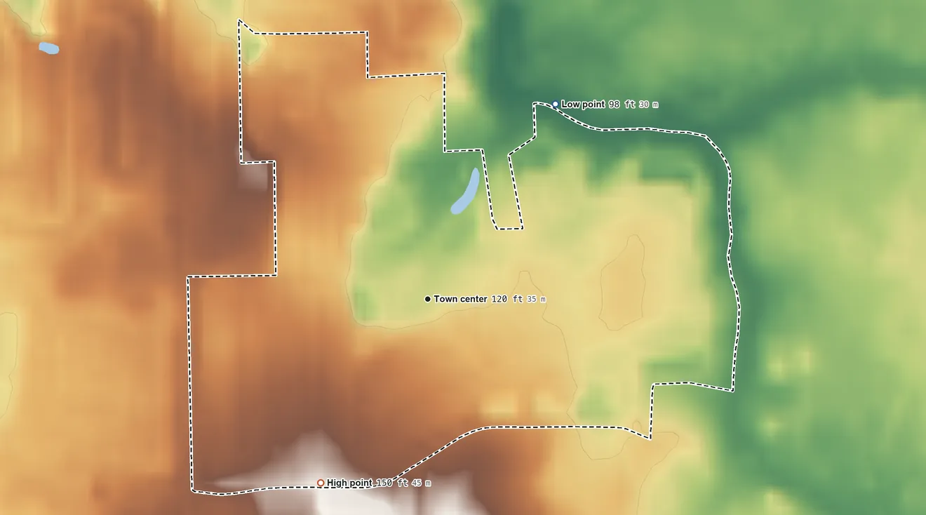 Topographic elevation map of Stonebridge, New Jersey, shaded from 98 ft on the northeast side to 150 ft on the southwest side