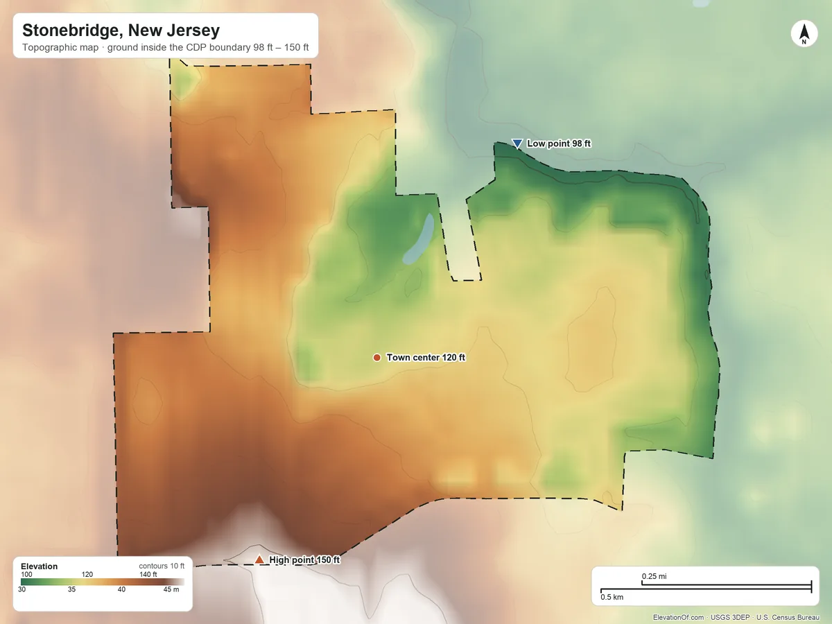 Topographic elevation map of Stonebridge, New Jersey, shaded from 98 ft on the northeast side to 150 ft on the southwest side