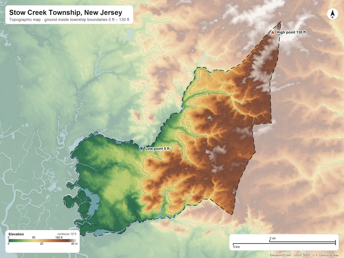 Topographic elevation map of Stow Creek Township, New Jersey, shaded from 0 ft on the west side to 130 ft on the northeast side