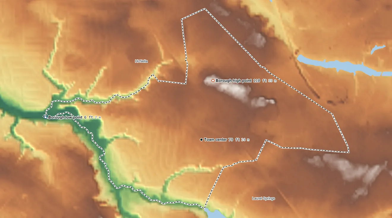 Topographic elevation map of Stratford, New Jersey, shaded from 6 ft on the west side to 110 ft on the north side