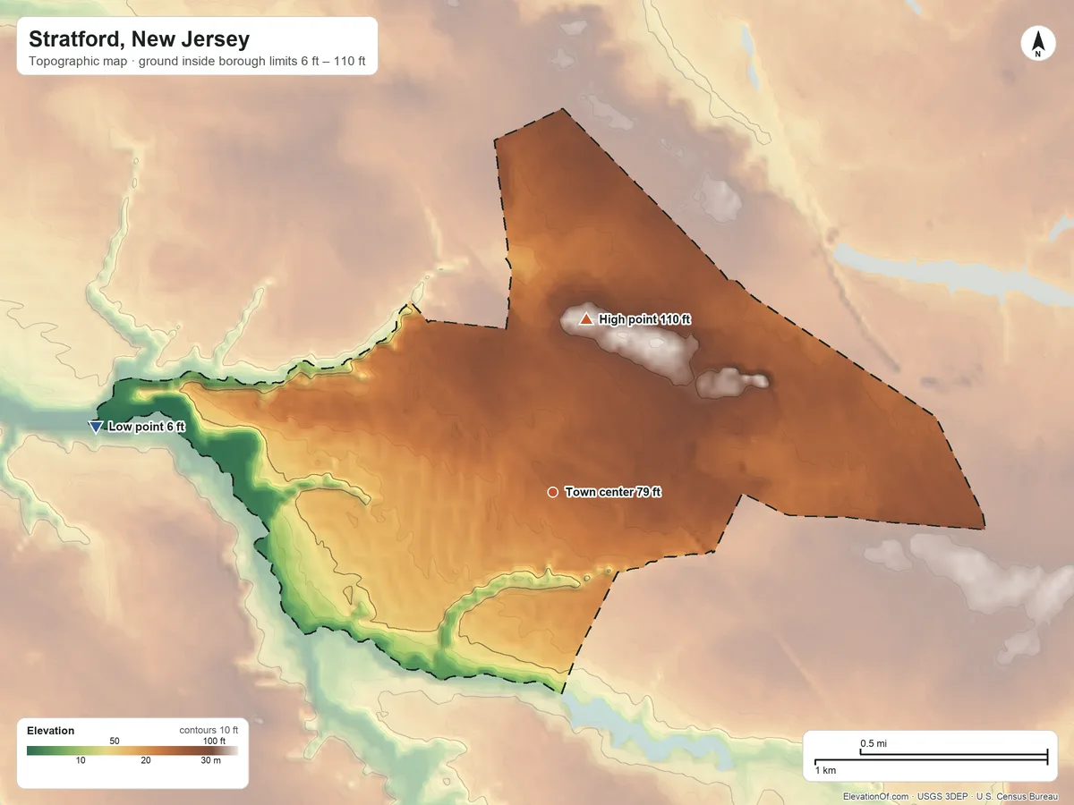 Topographic elevation map of Stratford, New Jersey, shaded from 6 ft on the west side to 110 ft on the north side