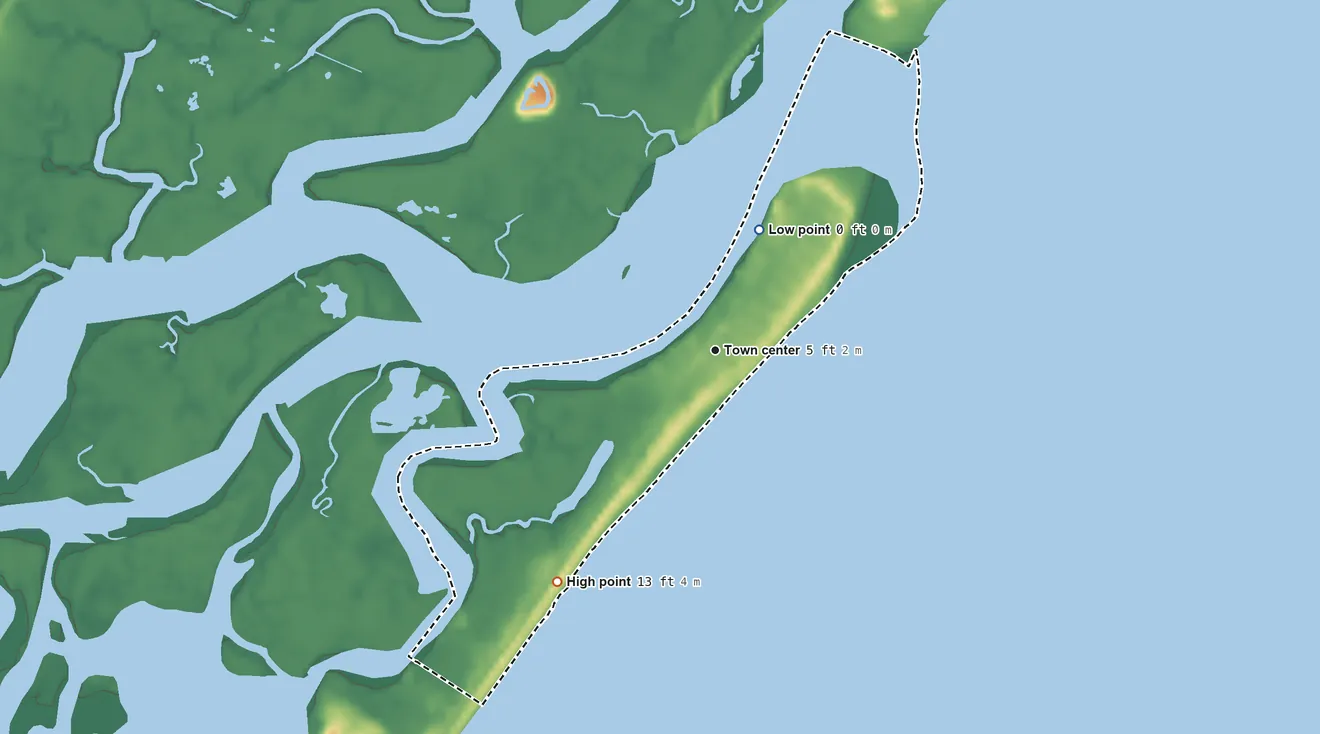 Topographic elevation map of Strathmere, New Jersey, shaded from sea level level on Strathmere Bay to 13 ft on the southwest side