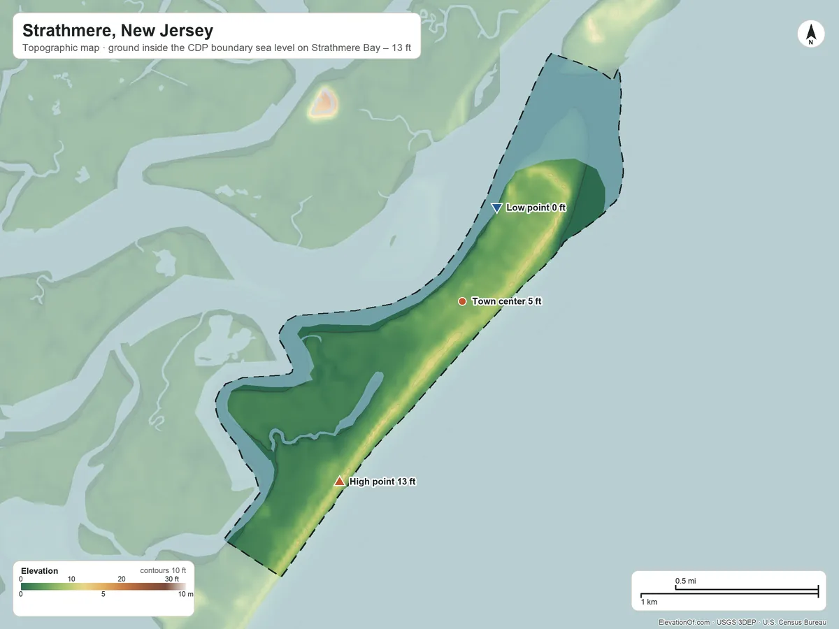 Topographic elevation map of Strathmere, New Jersey, shaded from sea level level on Strathmere Bay to 13 ft on the southwest side
