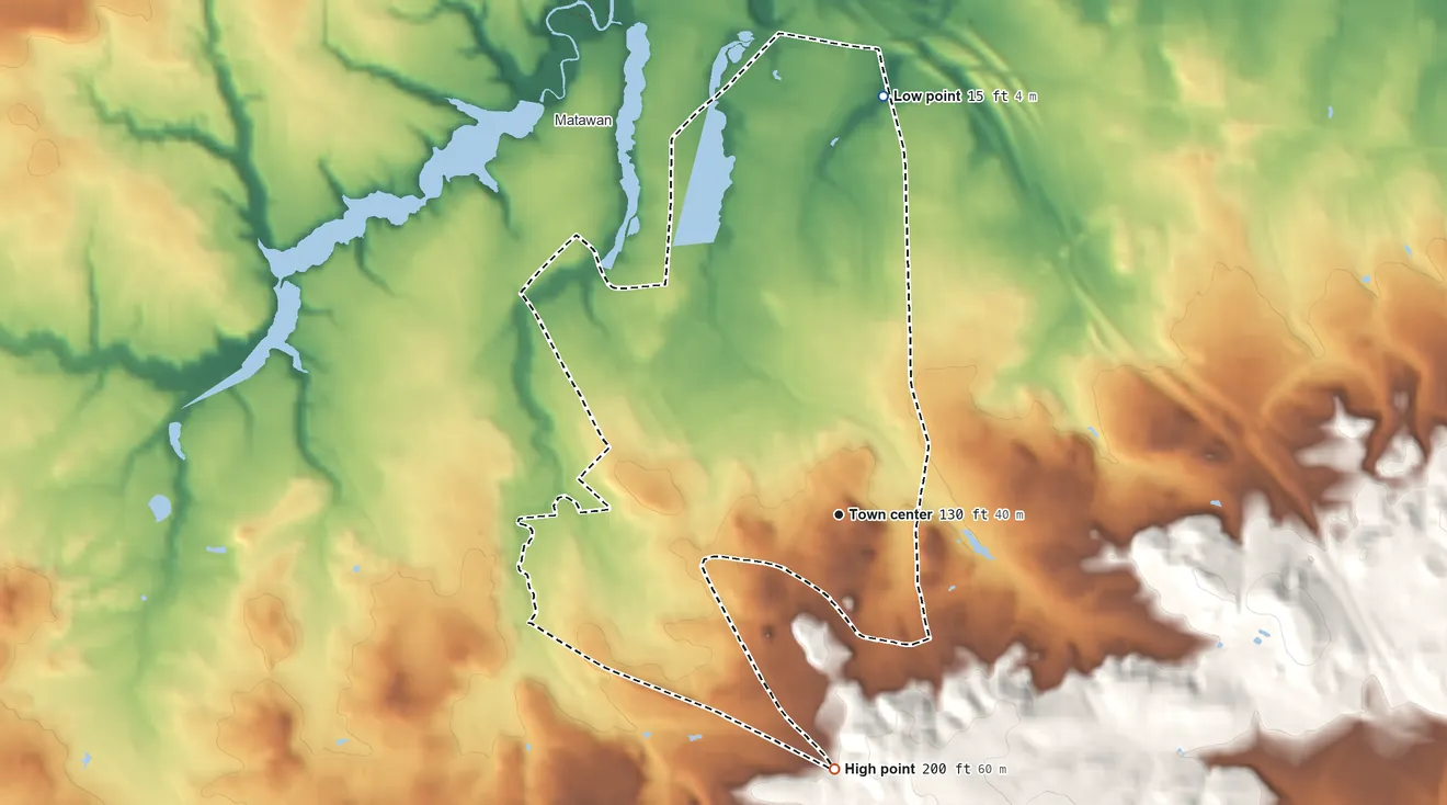 Topographic elevation map of Strathmore, New Jersey, shaded from 15 ft on the north side to 200 ft on the south side