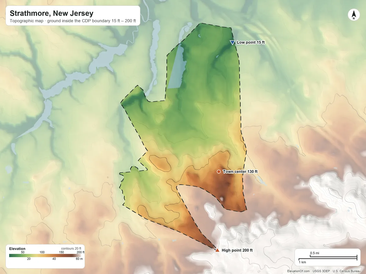 Topographic elevation map of Strathmore, New Jersey, shaded from 15 ft on the north side to 200 ft on the south side