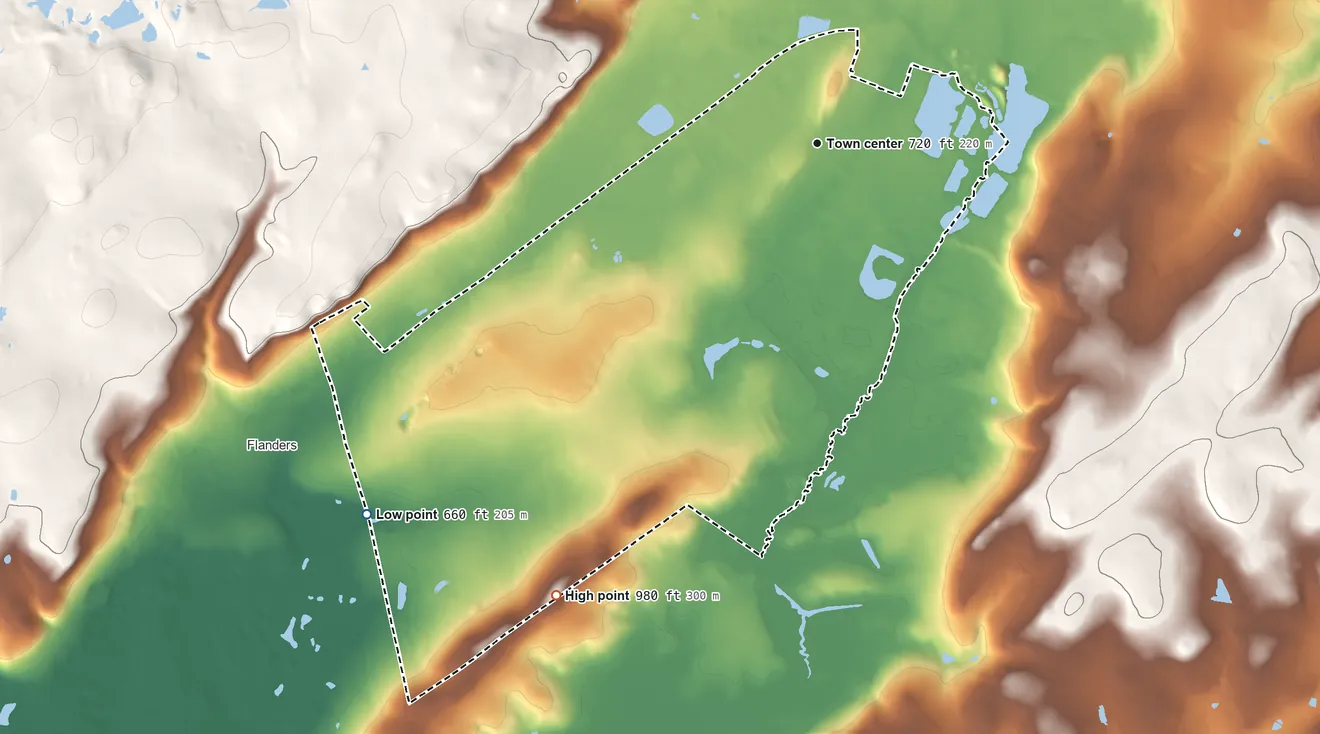 Topographic elevation map of Succasunna, New Jersey, shaded from 660 ft on the southwest side to 980 ft on the southwest side
