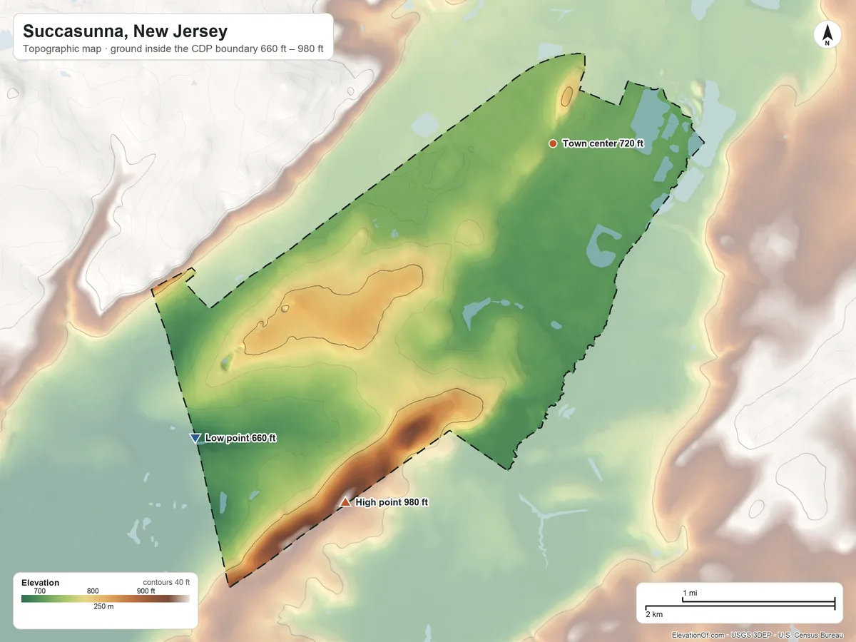 Topographic elevation map of Succasunna, New Jersey, shaded from 660 ft on the southwest side to 980 ft on the southwest side